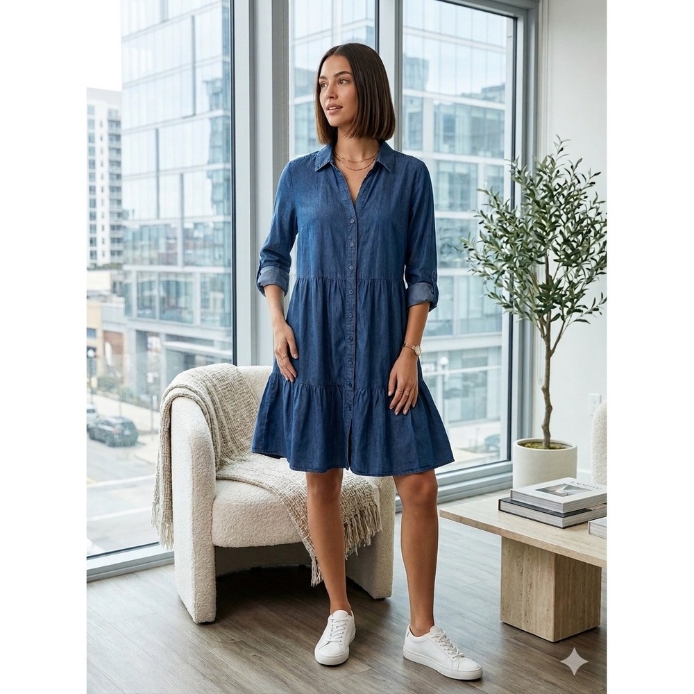 NY&C New York & Company Blue Denim Tiered Shirt Dress Long Sleeve Roll Tab Large